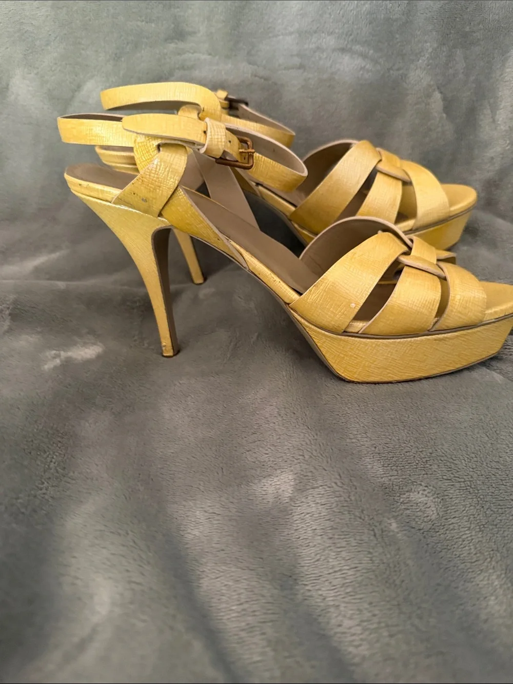 Saint Laurent Yellow Woven Platform Sandals with Ankle Strap - Picture 3 of 5